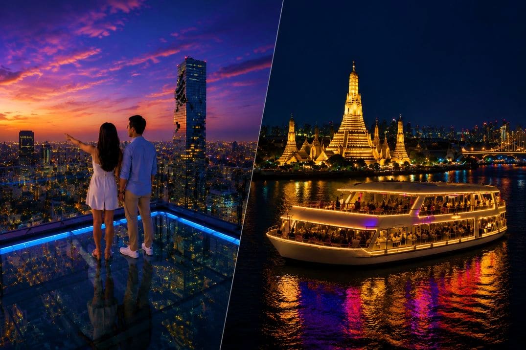 Couple viewing Bangkok skyline at sunset from high-rise rooftop and illuminated dinner cruise boat on Chao Phraya River with 